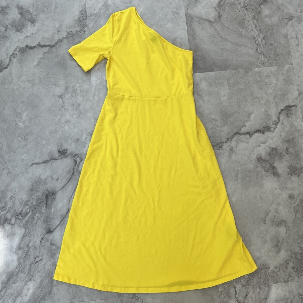 Who What Wear Yellow One Shoulder Midi Dress Asymmetrical Short Sleeve XS
